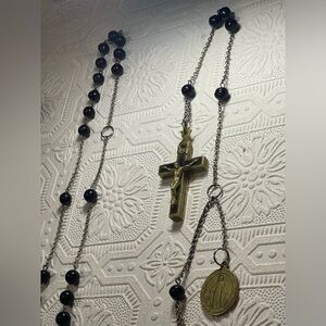 Silver and Black Rosary Necklace